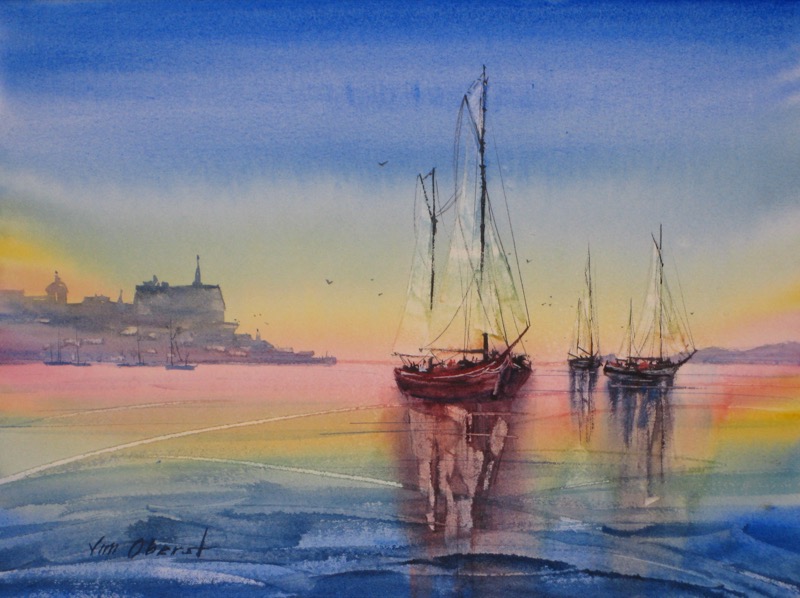 seascape, landscape, boat, sailboat, sunset, original watercolor painting, oberst
